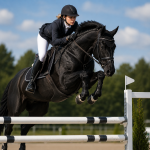 Springreiterin überwindet mit ihrem Pferd ein Hindernis beim Reitsportverein Pferdeland Meyer e.V.