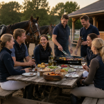 Mitglieder des Reitsportvereins Pferdeland Meyer e.V. verbringen gemeinsam Zeit auf der Reitanlage.