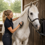 Mitglied pflegt ein Pferd durch Striegeln im Reitsportverein Pferdeland Meyer e.V.