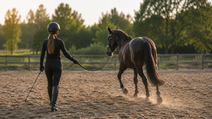 Reiterin bei der Bodenarbeit mit einem Pferd auf dem Reitplatz des Reitsportvereins Pferdeland Meyer e.V.